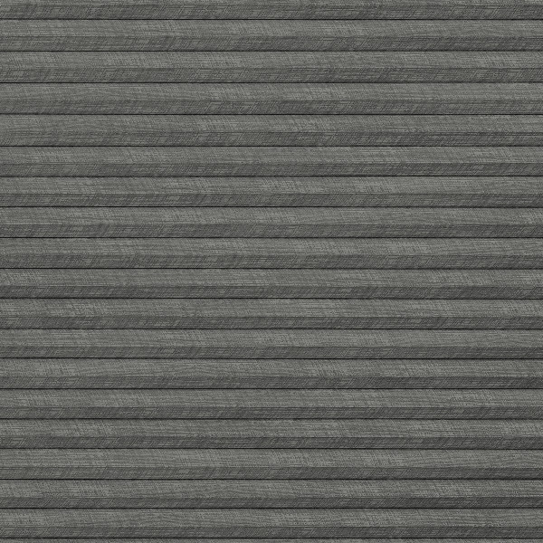 Gray textured horizontal pleated fabric blinds, fully closed with overlapping slats and subtle weave, blocking any view; set against an interior wall under soft, even indoor lighting.