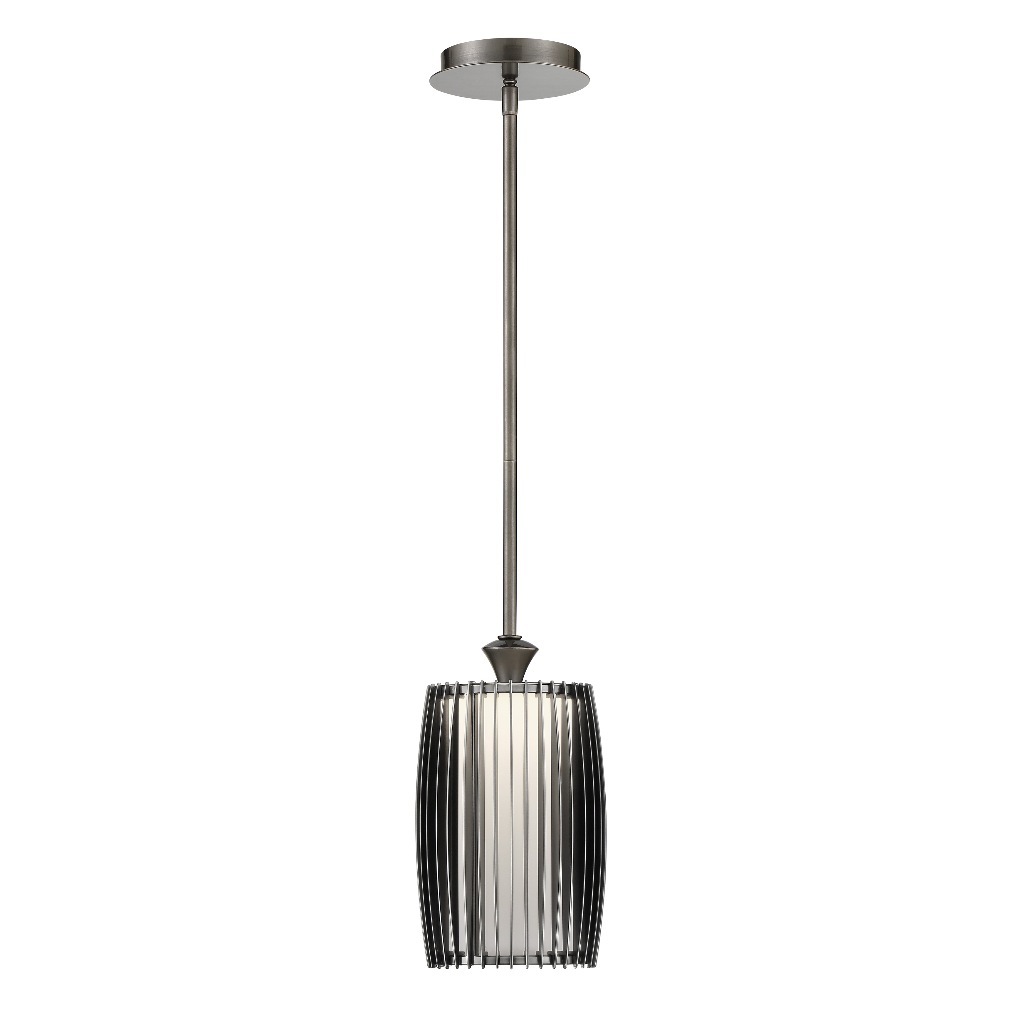 The Night Moves mini pendant delivers contemporary style in a compact 6.5" profile. Its plated pewter finish and white acrylic shade create soft, diffused illumination perfect for task lighting or accent applications. - alternate view