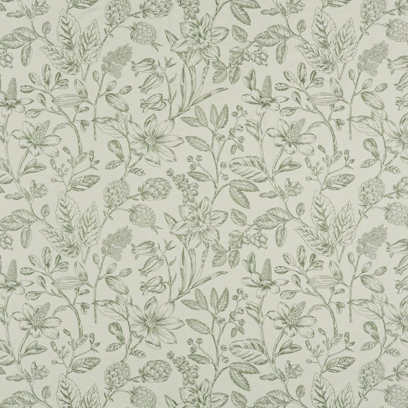 Botanical wallpaper with delicate oliveâ€‘green line drawings of flowers and leaves â€” repeating continuously across the surface â€” on a soft, neutral pale background in a vintage sketch style.