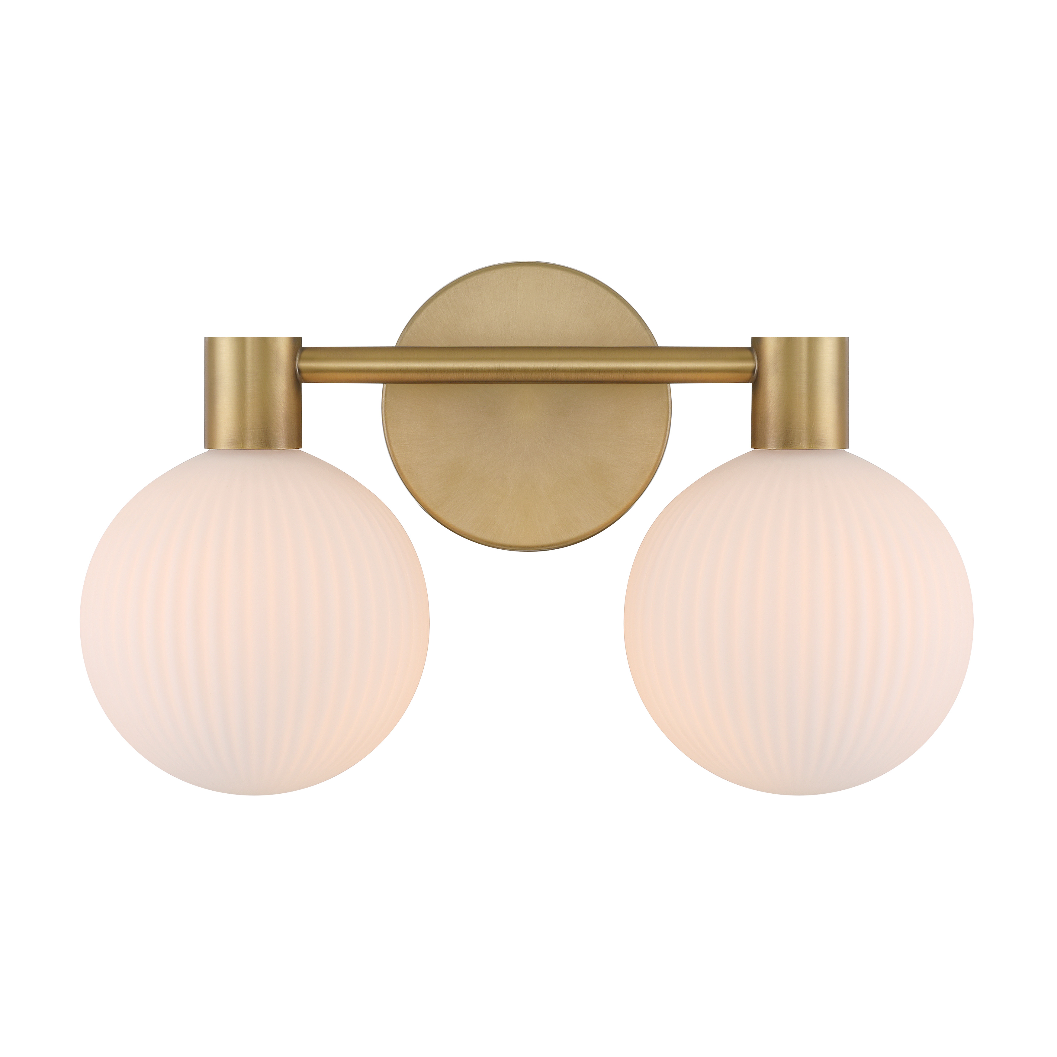 The Fenton 2-light vanity combines warm Legacy Brass finish with elegant white striped glass shades in a compact 15-inch design. Perfect for smaller bathrooms and powder rooms, offering dimmable lighting with timeless appeal. - alternate view