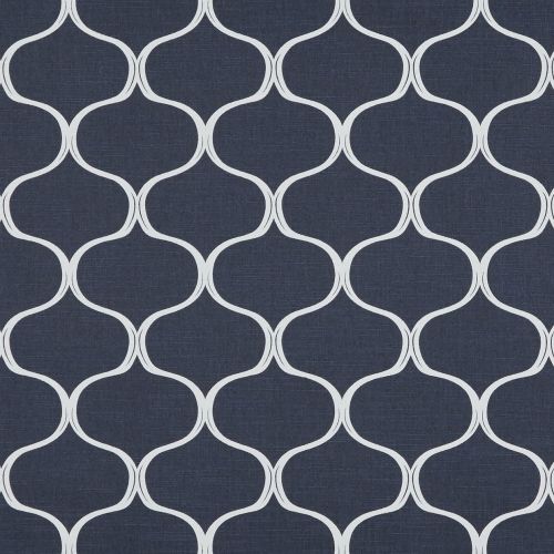 Navy wallpaper with white interlocking trellis/quatrefoil pattern; repeating curved outlines cover the surface; flat, evenly lit backdrop showing subtle linen-like texture.