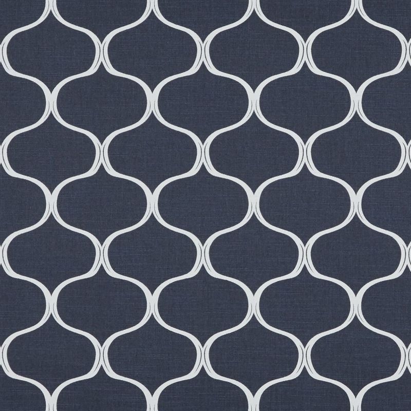 Navy wallpaper with white interlocking trellis/quatrefoil pattern; repeating curved outlines cover the surface; flat, evenly lit backdrop showing subtle linen-like texture.