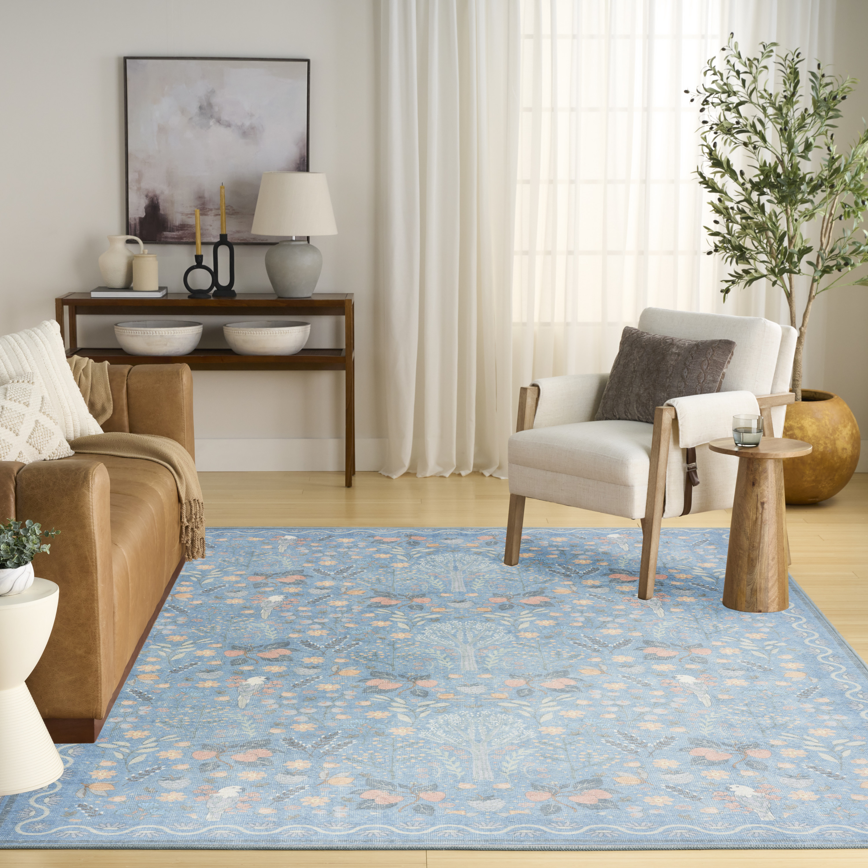 Nourison Botanical Washables 4' x 6' Light Blue Multicolor Modern Indoor Rug