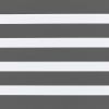 Zebra-style roller blind with alternating dark gray opaque and white translucent horizontal bands; bands aligned across frame, partially filtering light; interior setting with even, diffuse lighting, no visible window.