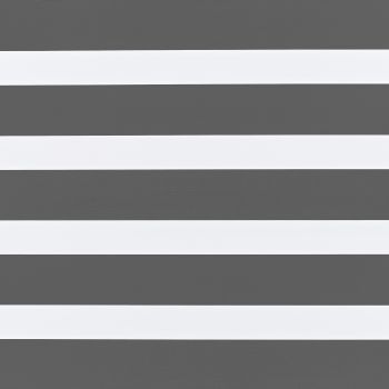 Zebra-style roller blind with alternating dark gray opaque and white translucent horizontal bands; bands aligned across frame, partially filtering light; interior setting with even, diffuse lighting, no visible window.
