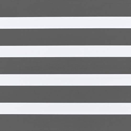 Zebra-style roller blind with alternating dark gray opaque and white translucent horizontal bands; bands aligned across frame, partially filtering light; interior setting with even, diffuse lighting, no visible window.