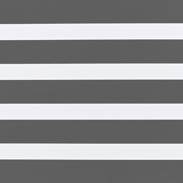 Zebra-style roller blind with alternating dark gray opaque and white translucent horizontal bands; bands aligned across frame, partially filtering light; interior setting with even, diffuse lighting, no visible window.