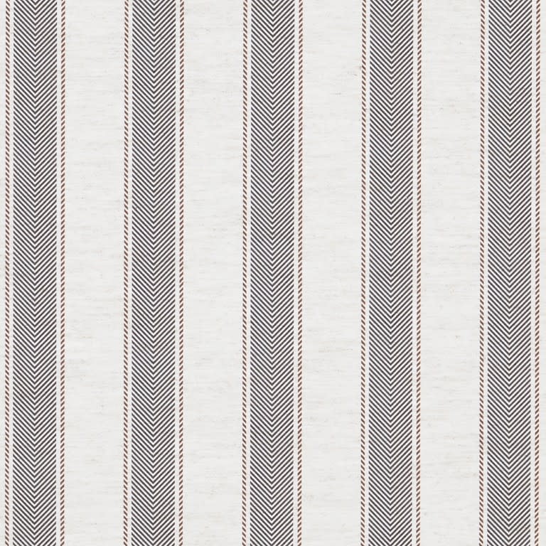 Light fabric or wallpaper with vertical narrow chevron-striped panels (dark gray with thin rust borders) repeating across an off-white background, displayed flat under even, diffuse lighting.
