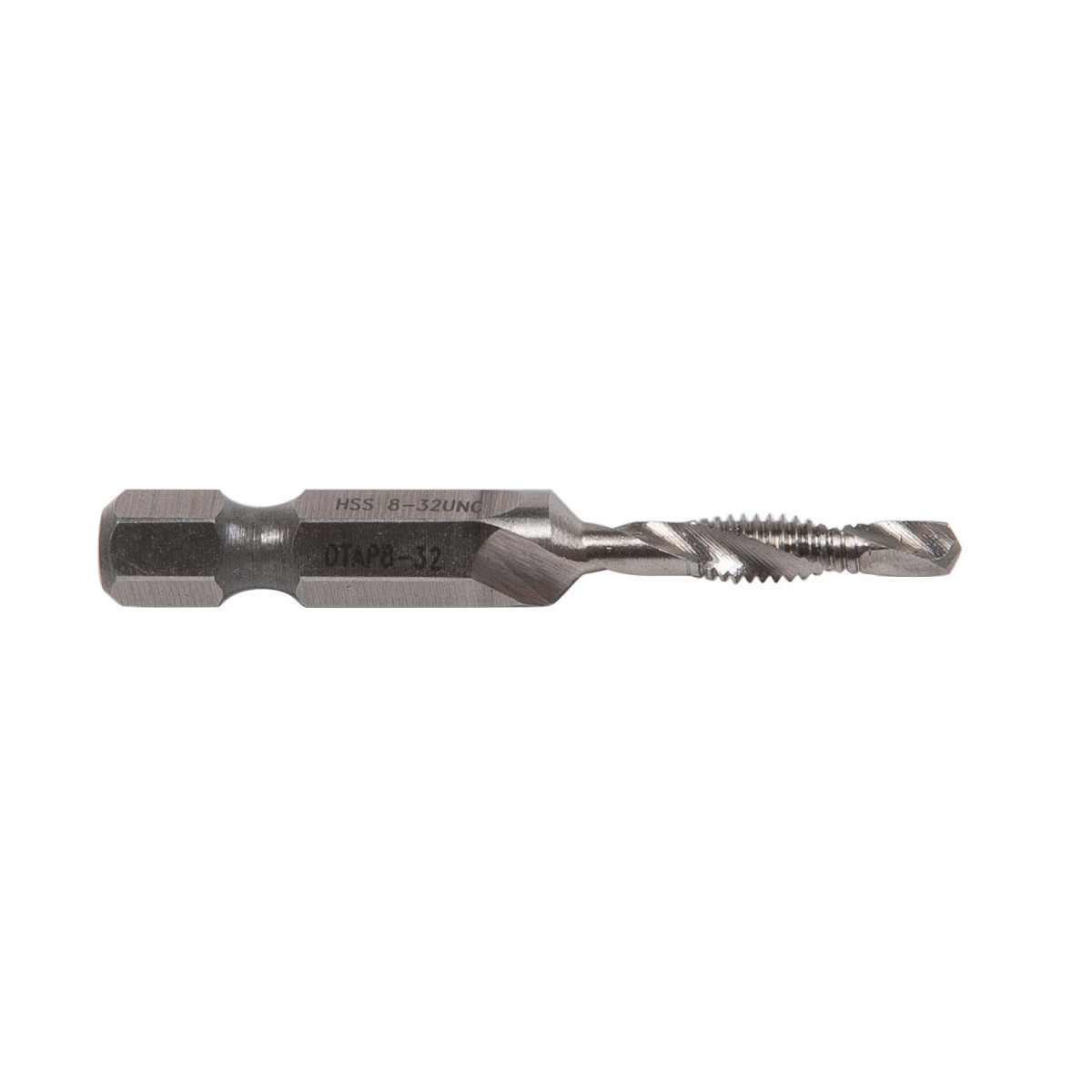 Combination Drill/Tap Bits.  8-32NC.  Complete hole drilling, tapping and deburring/countersinking in one operation with power drill saves labor and time.  Back tapered beyond tap to prevent thread damage from over-drilling.  Deburr/countersink also provided on bit beyond back taper.  Made from hardened high-speed steel vs. carbon steel for longer life.  High quality hex shank to ensure strong connection to drill chuck.  Designed to tap up to 10-gauge metal.  Quick change adaptor included in both metric and standard kits.