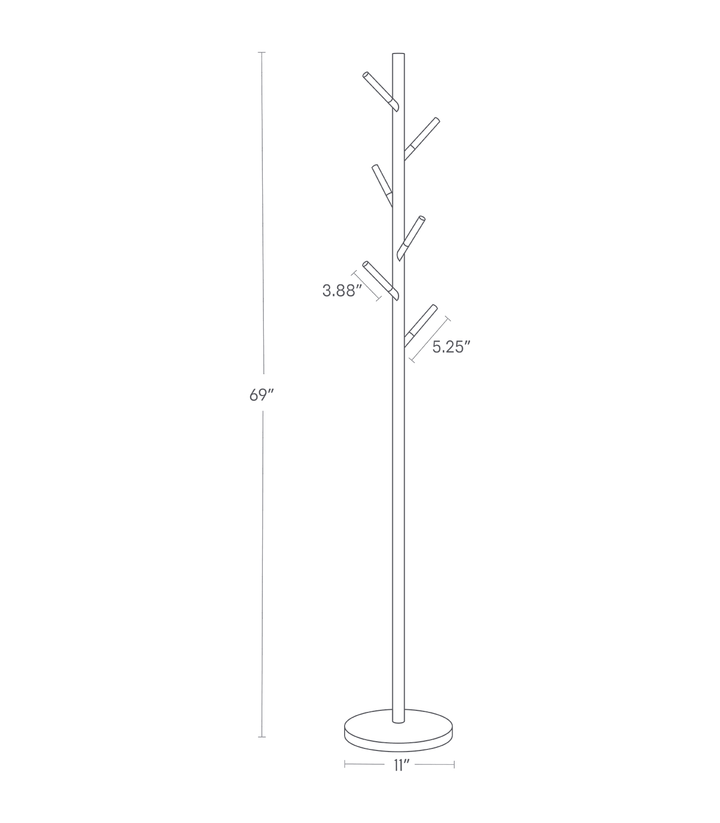 Image dimensionnelle du porte-manteau montrant un diamètre de base de 11" et une hauteur de 69"