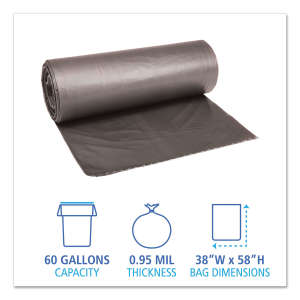 Boardwalk,  LLDPE Liner, 60 gal Capacity, 38 in Wide, 58 in High, 0.95 Mils Thick, Gray