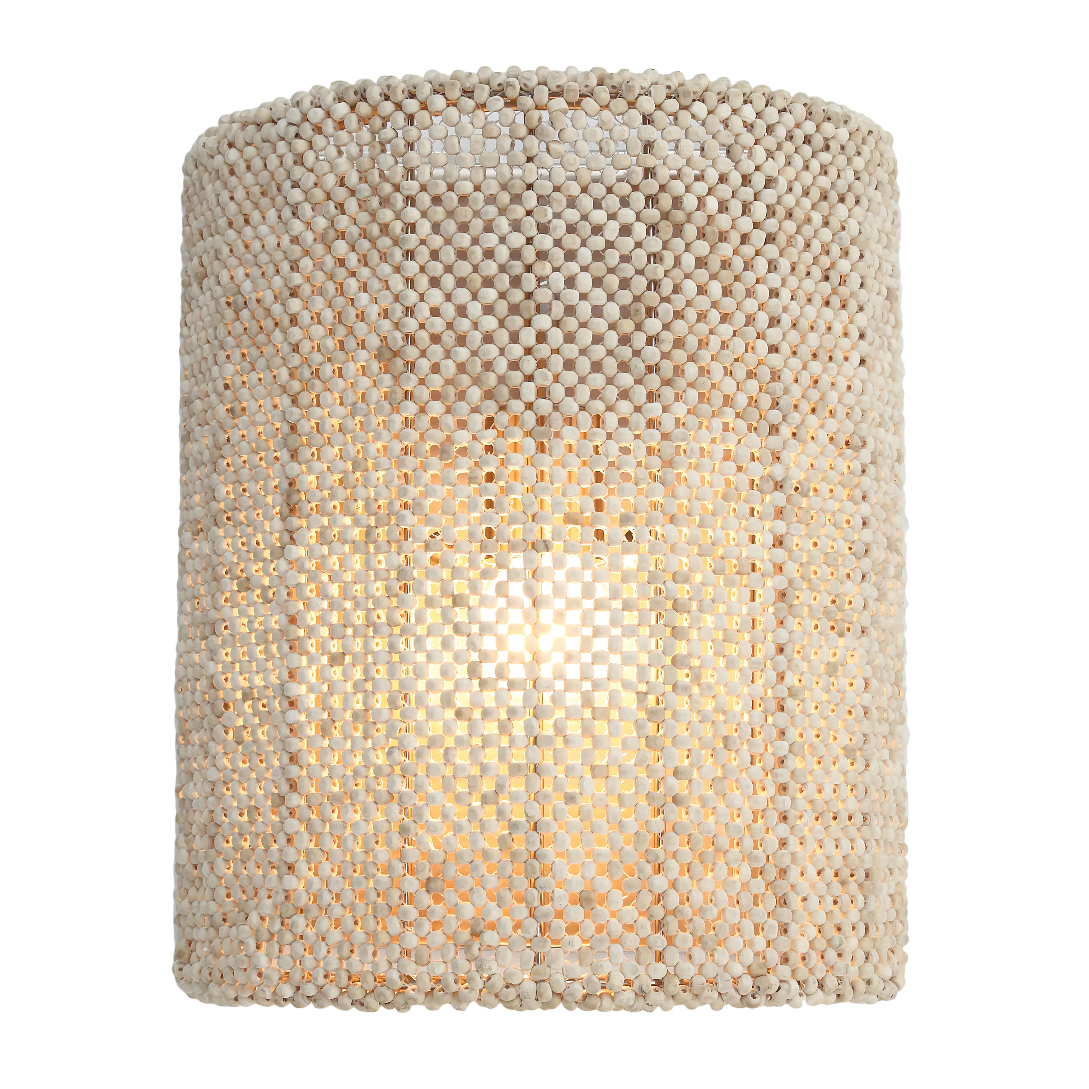 The Copra wall sconce brings organic coastal charm with its hand-woven coco bead shade and brushed nickel finish. Perfect for adding natural texture and warm, filtered light to bathrooms, bedrooms, and hallways. - alternate view
