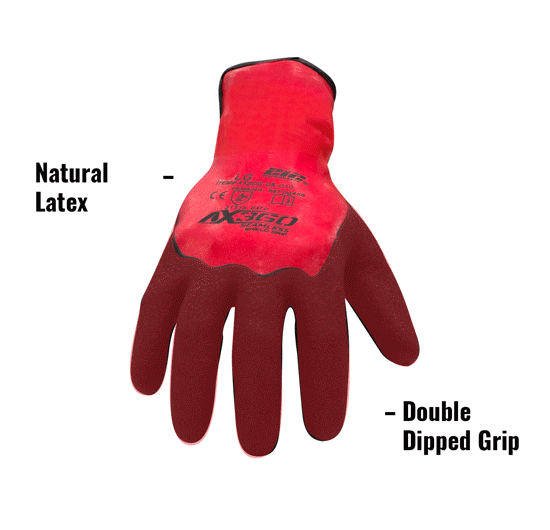AX360 Shield Grip Latex-dipped Gloves in Black and Red AXSDG-05 showing Natural Latex and Double Dipped Grip