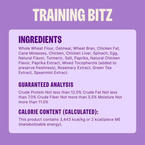 Whole Wheat Flour, Oatmeal, Wheat Bran, Chicken Fat, Cane Molasses, Chicken, Chicken Liver, Spinach, Egg, Natural Flavor, Turmeric, Salt, Paprika, Natural Chicken Flavor, Paprika Extract, Mixed Tocopherols (added to preserve freshness), Rosemary Extract, Green Tea Extract, Spearmint Extract.
