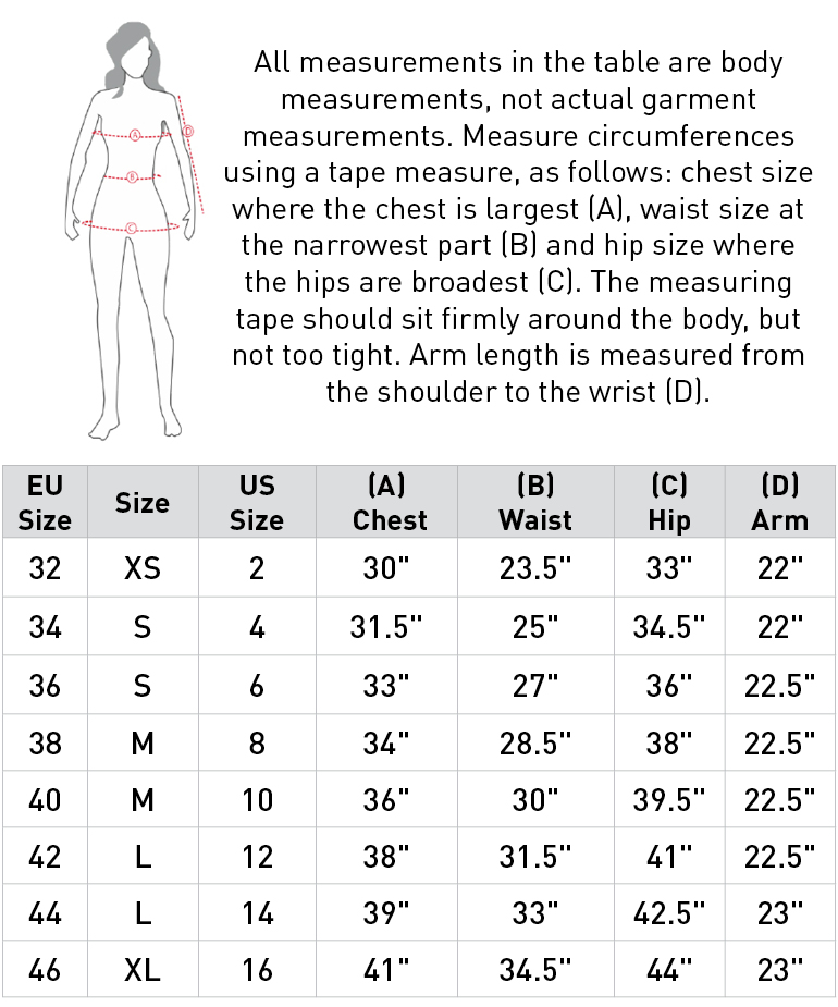 Size chart for Horze Fiora Womens Light Weight Waterproof Jacket - Green Milieu