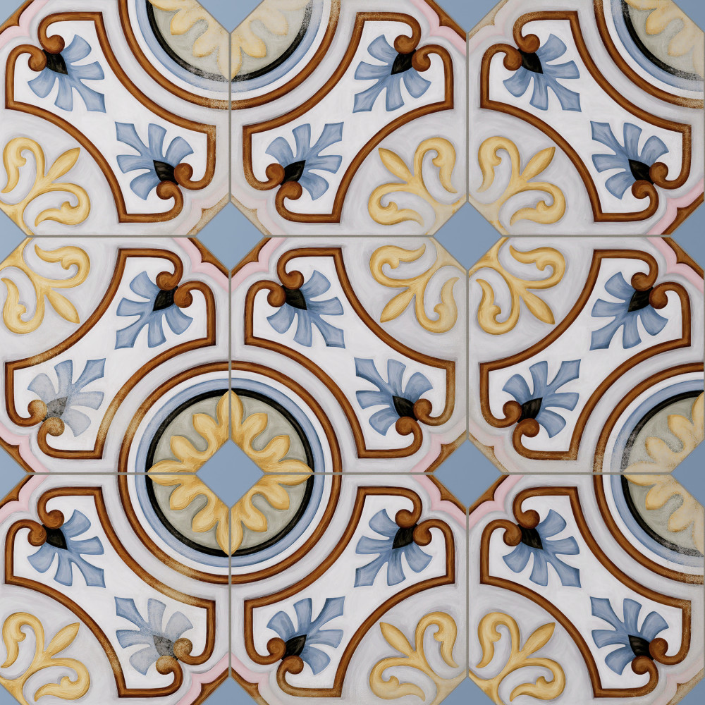 Vaudeville Octagon Deco Diglas with Taco Azzuro 7-7/8 in. x 7-7/8 in. Porcelain Floor and Wall Tile