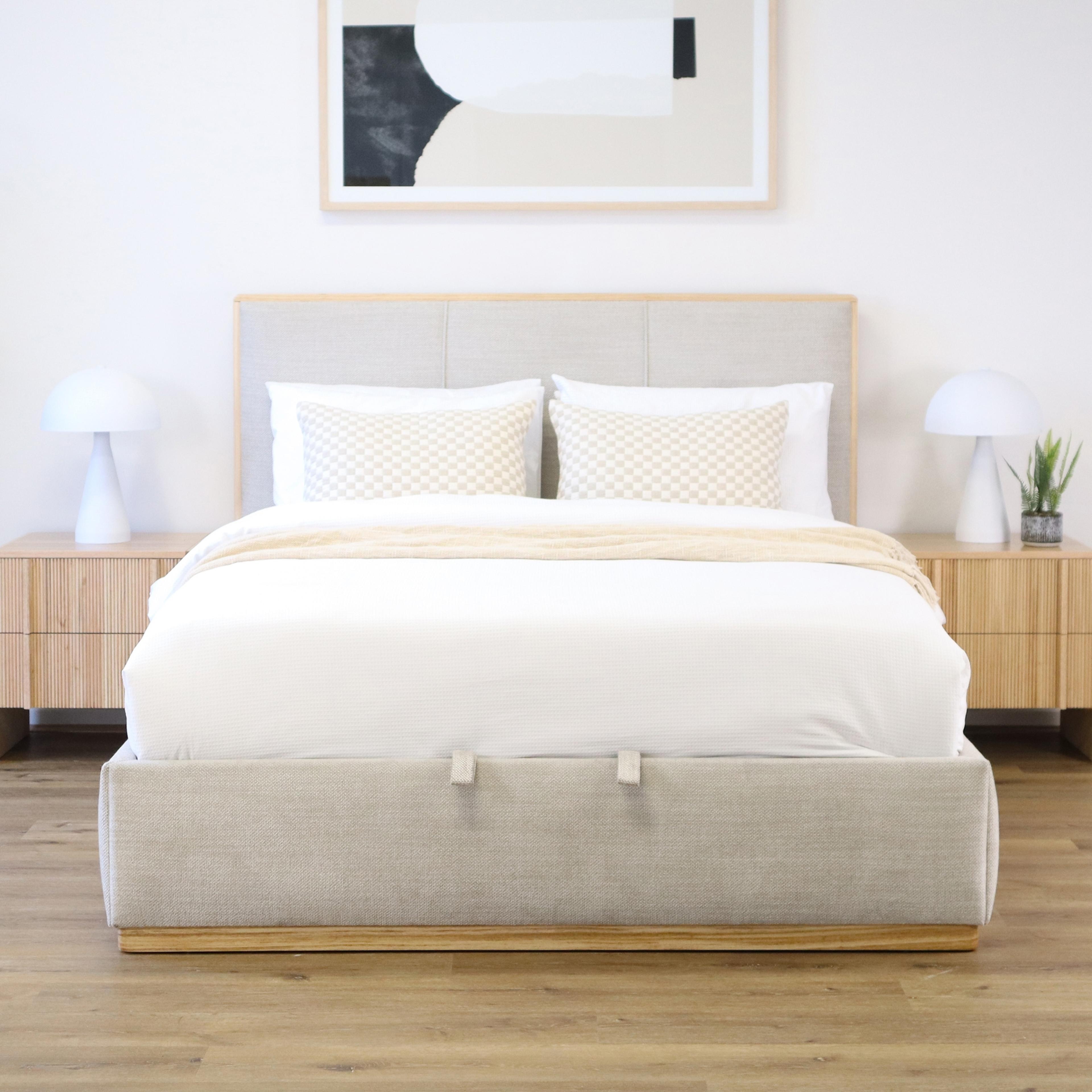 Lifestyle image of the  Bowen Bed Frame, Gas Lift Base, Natural from Forty Winks