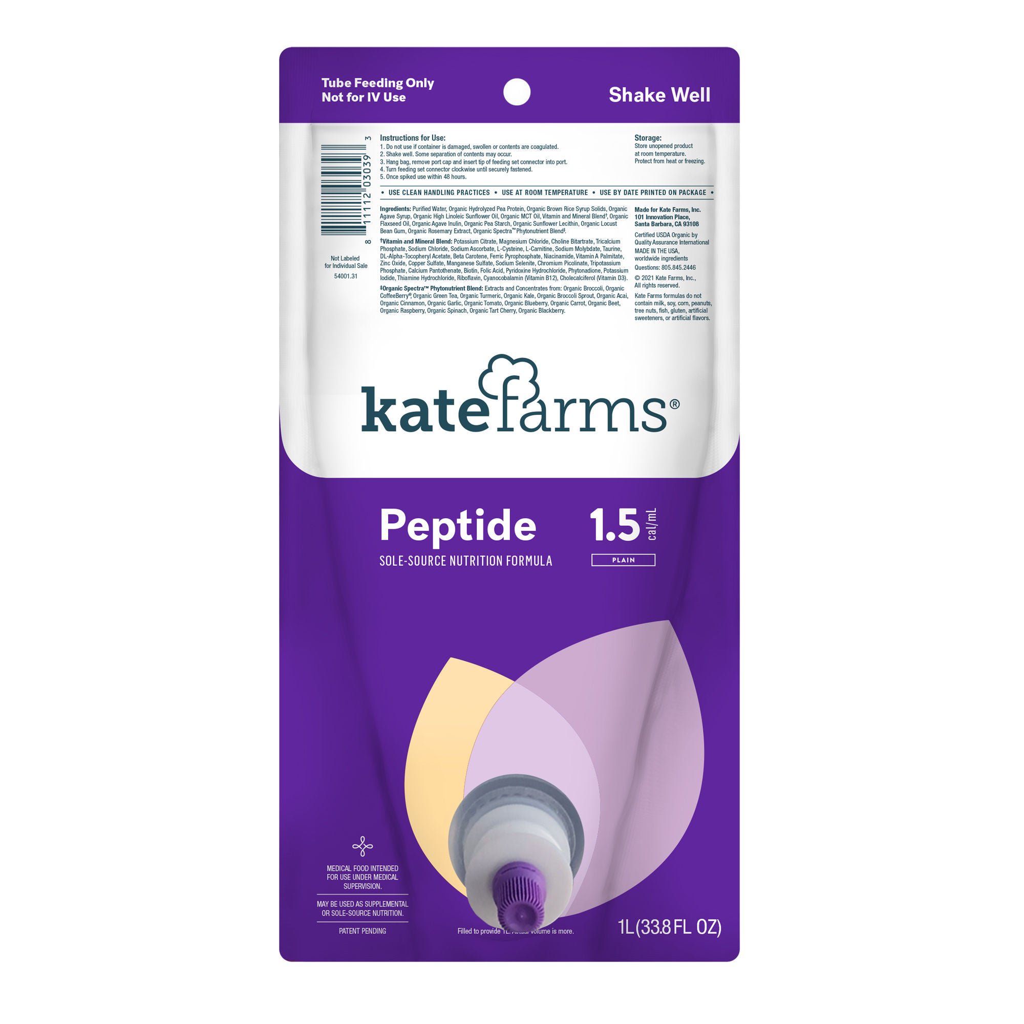 Kate Farms® Peptide 1.5 Sole-Source Nutrition Formula, 1,000 mL Bag