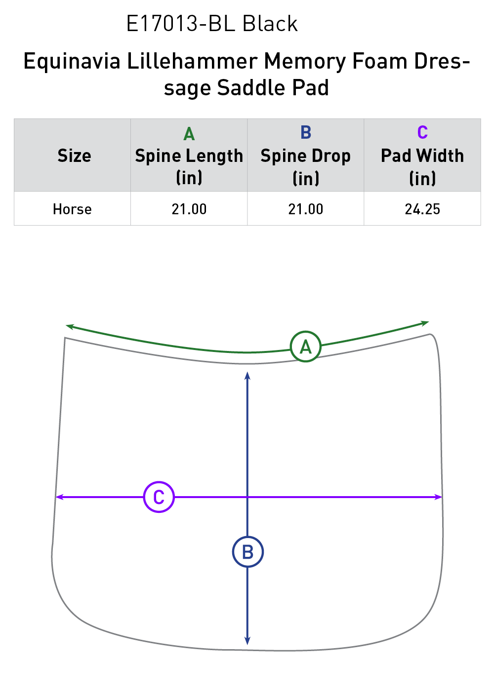 Size chart for Equinavia Lillehammer Memory Foam Dressage Saddle Pad - Black