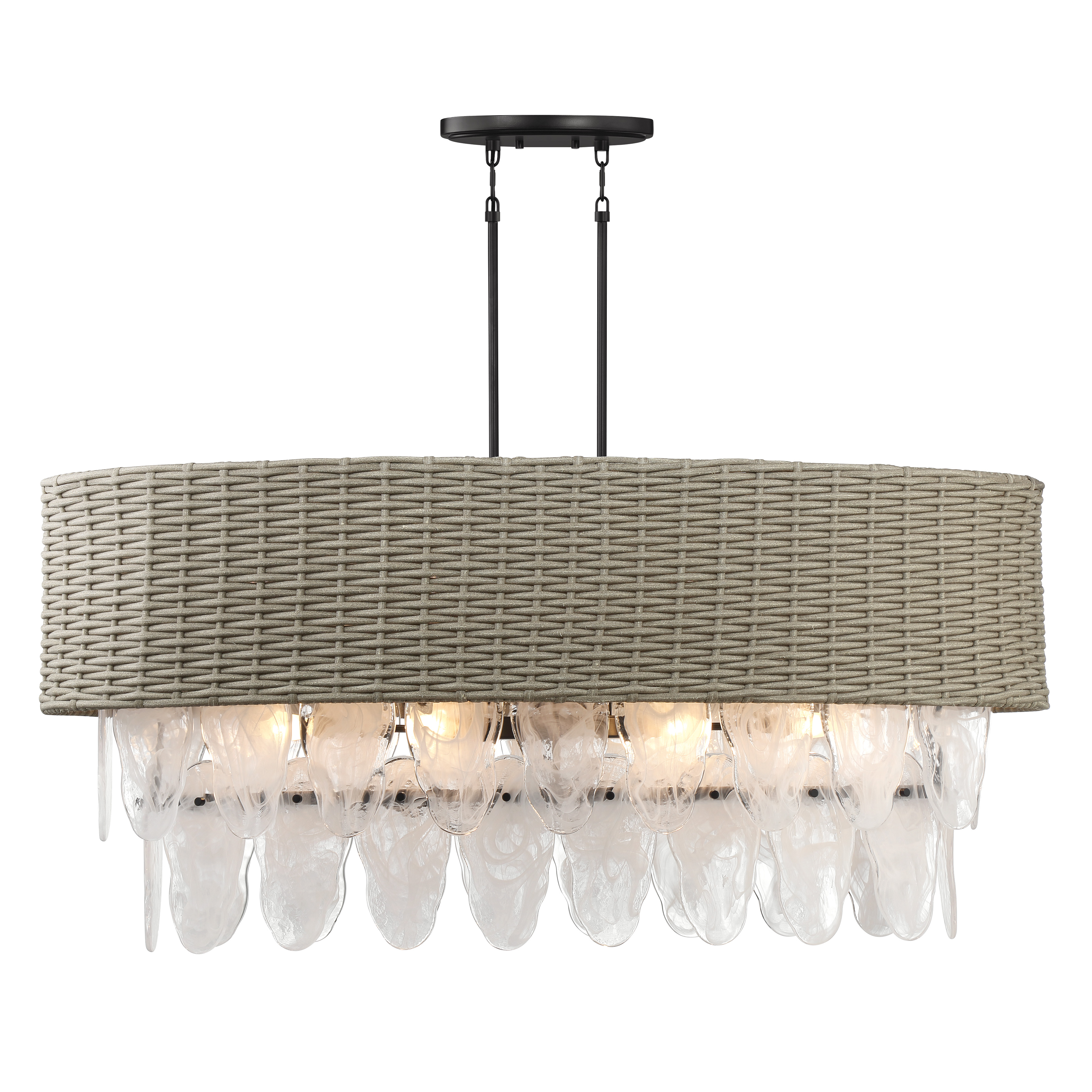 The Breakers Isle brings relaxed coastal elegance with 12 lights wrapped in natural PE rattan shades. Its 48-inch linear design and coal black finish create striking contrast perfect for kitchen islands and dining spaces. - alternate view