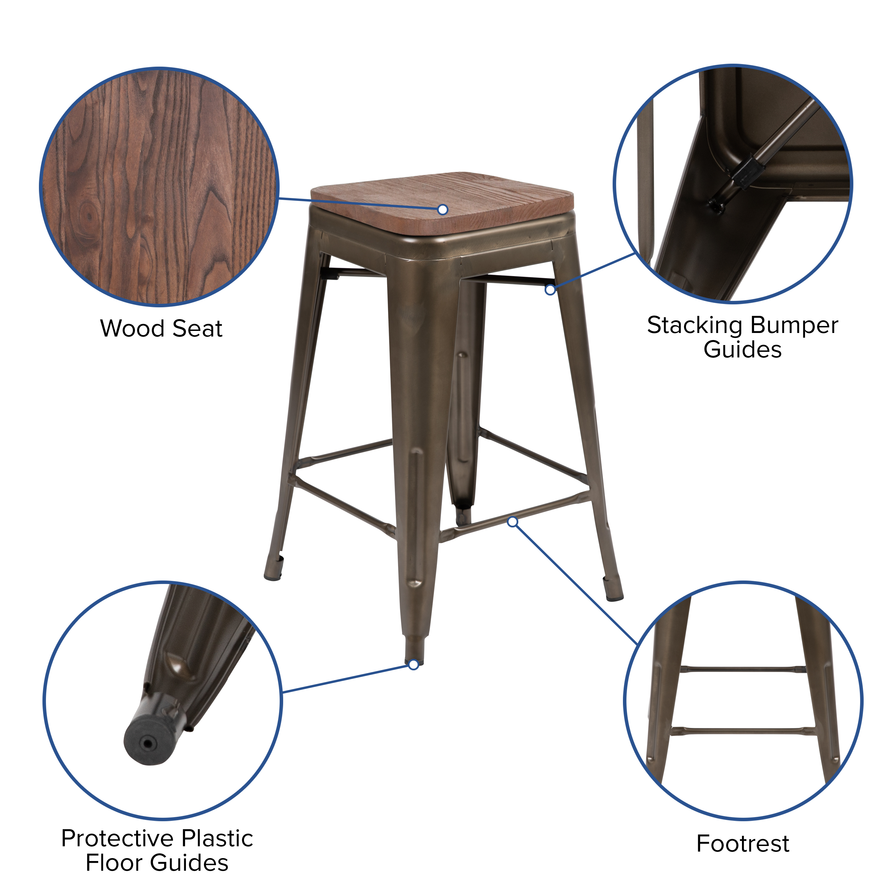 Cierra 24" High Metal Counter-Height, Indoor Bar Stool with Wood Seat in Gun ... - Picture 6 of 49
