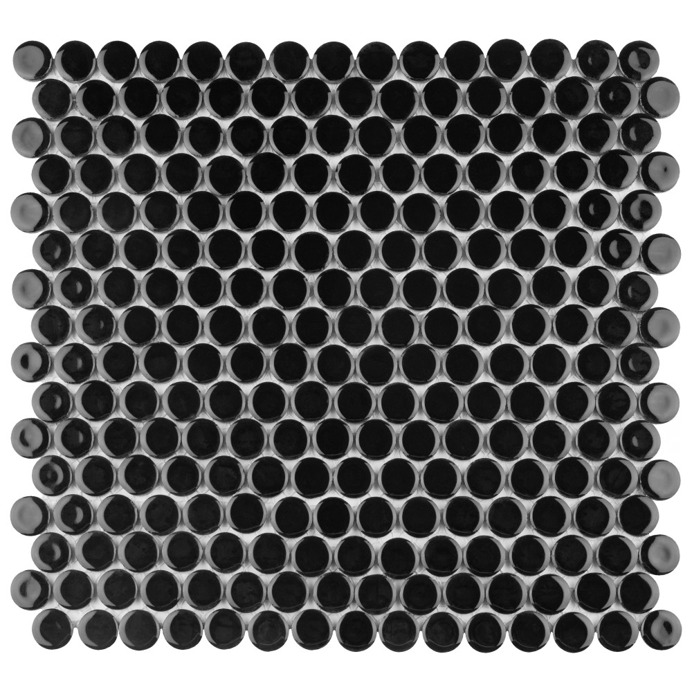 Hudson Penny Round Glossy Black 11-7/8 in. x 12-5/8 in. Porcelain Mosaic Tile