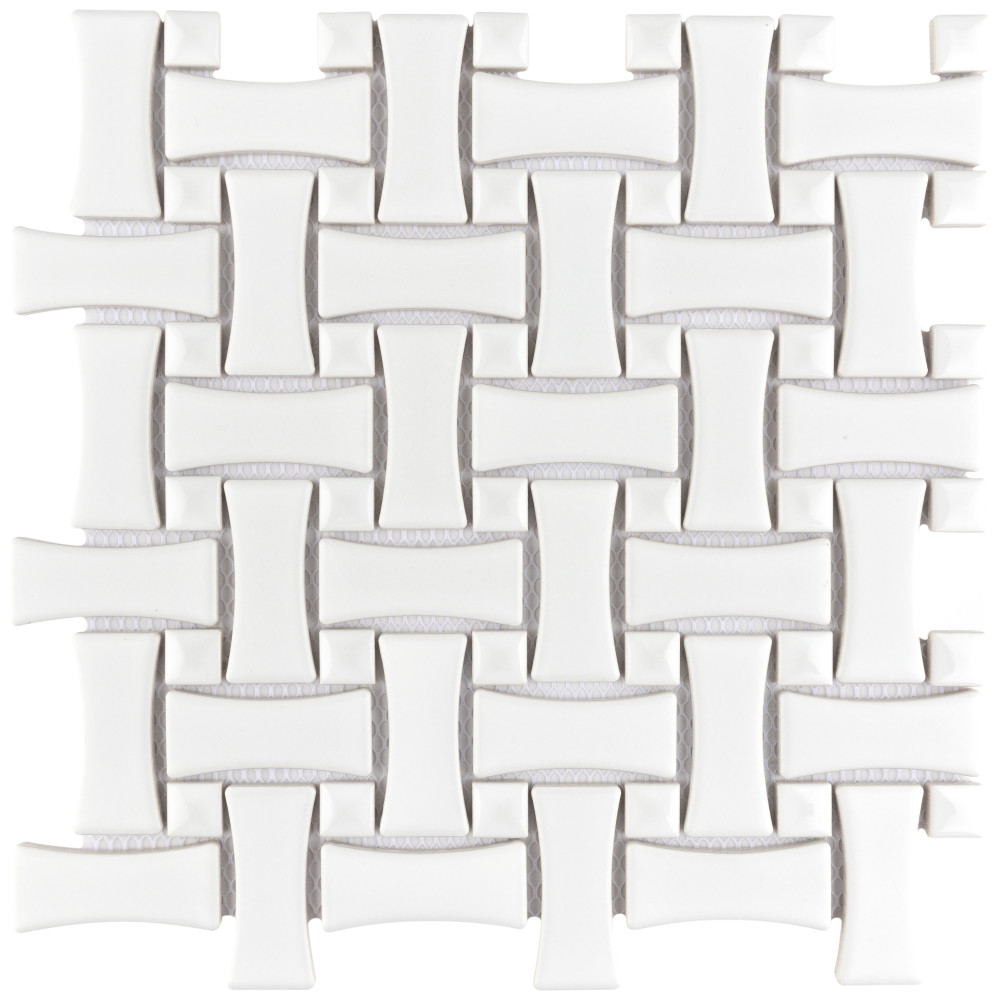 Metro Dog Bone Basketweave Matte White w/Glossy White Dot 10 in. x 10 in. Porcelain Mosaic Tile