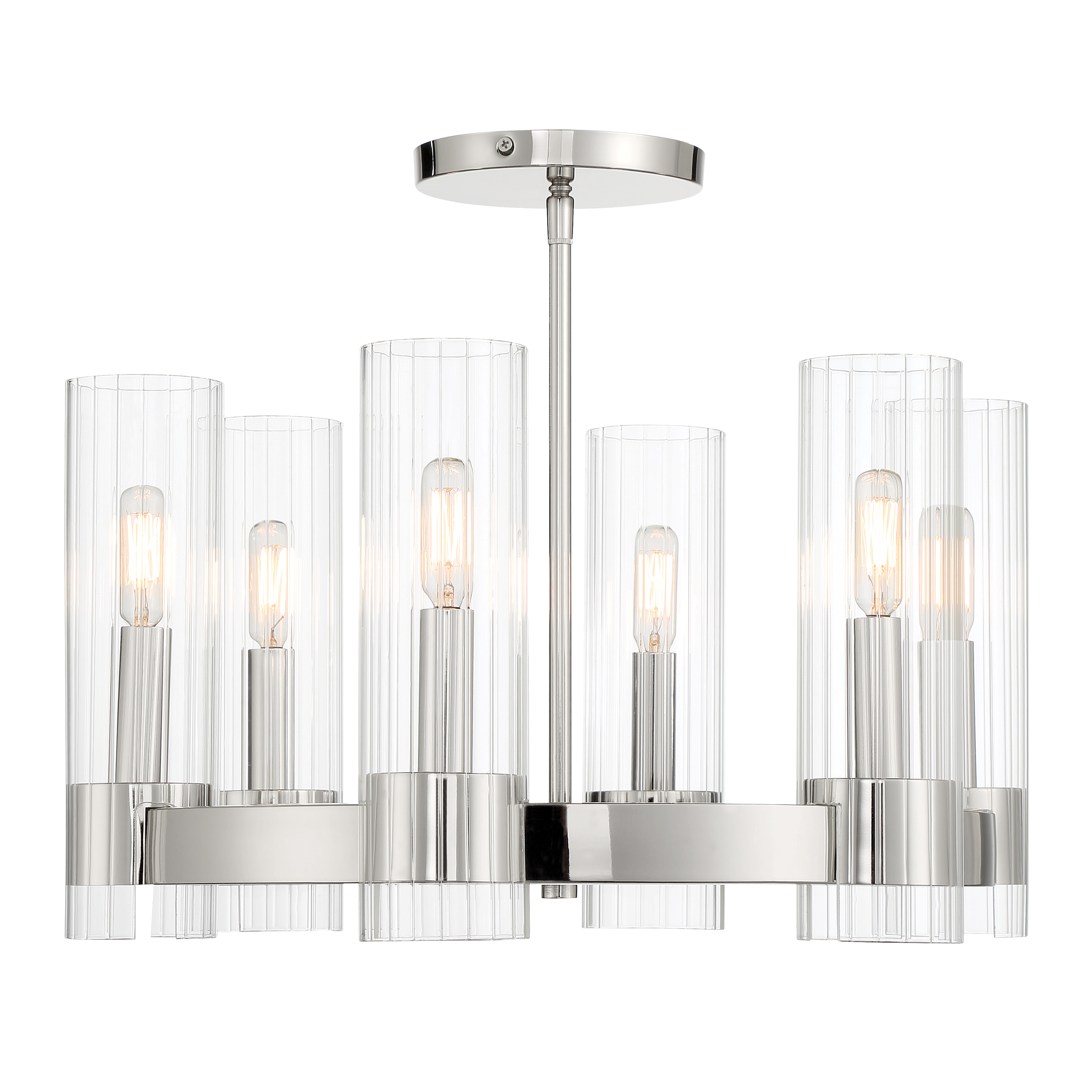The Vernon Place chandelier combines timeless design with modern chrome finish. Six candelabra lights behind clear ribbed glass shades create beautiful ambient lighting perfect for dining rooms and entryways. - alternate view