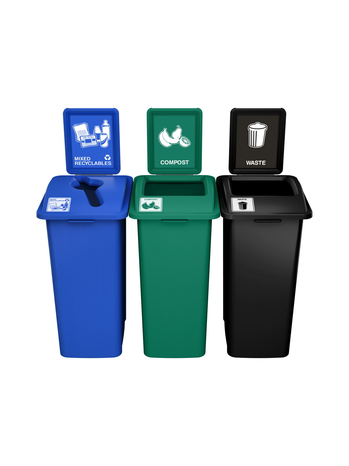 WASTE WATCHER – Triple – Kit – Xl – Mixed Recyclables-Compost-Waste – Mixed-Full – Blue-Green-Black