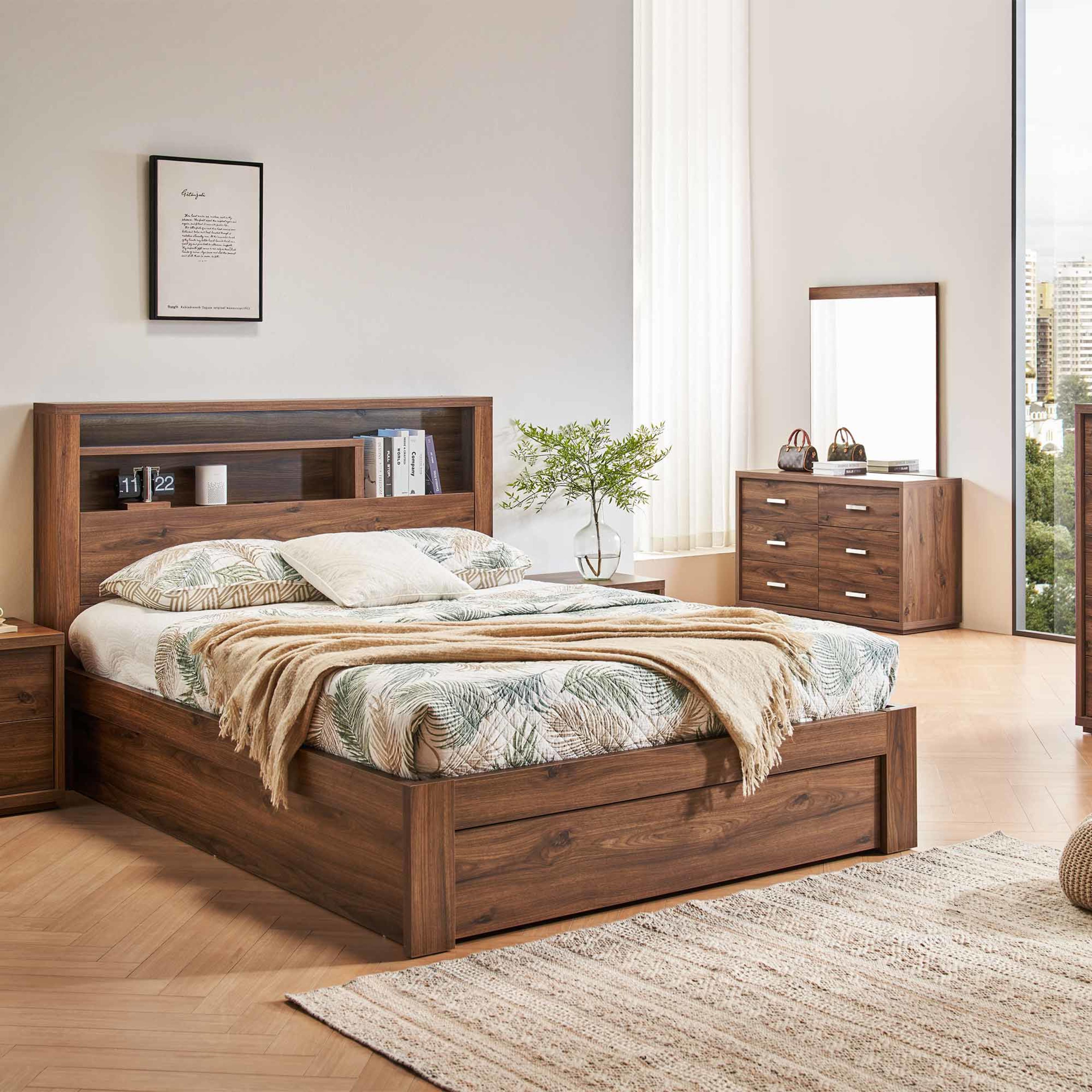 Lifestyle image of the  Bellevue Bed Frame, Front Slat Gas Lift & End Drawer Base, Rustic Walnut from Forty Winks