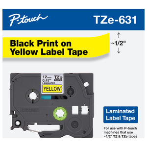 TZe Laminated Standard Adhesive Tape, 12 mm, Black On Yellow