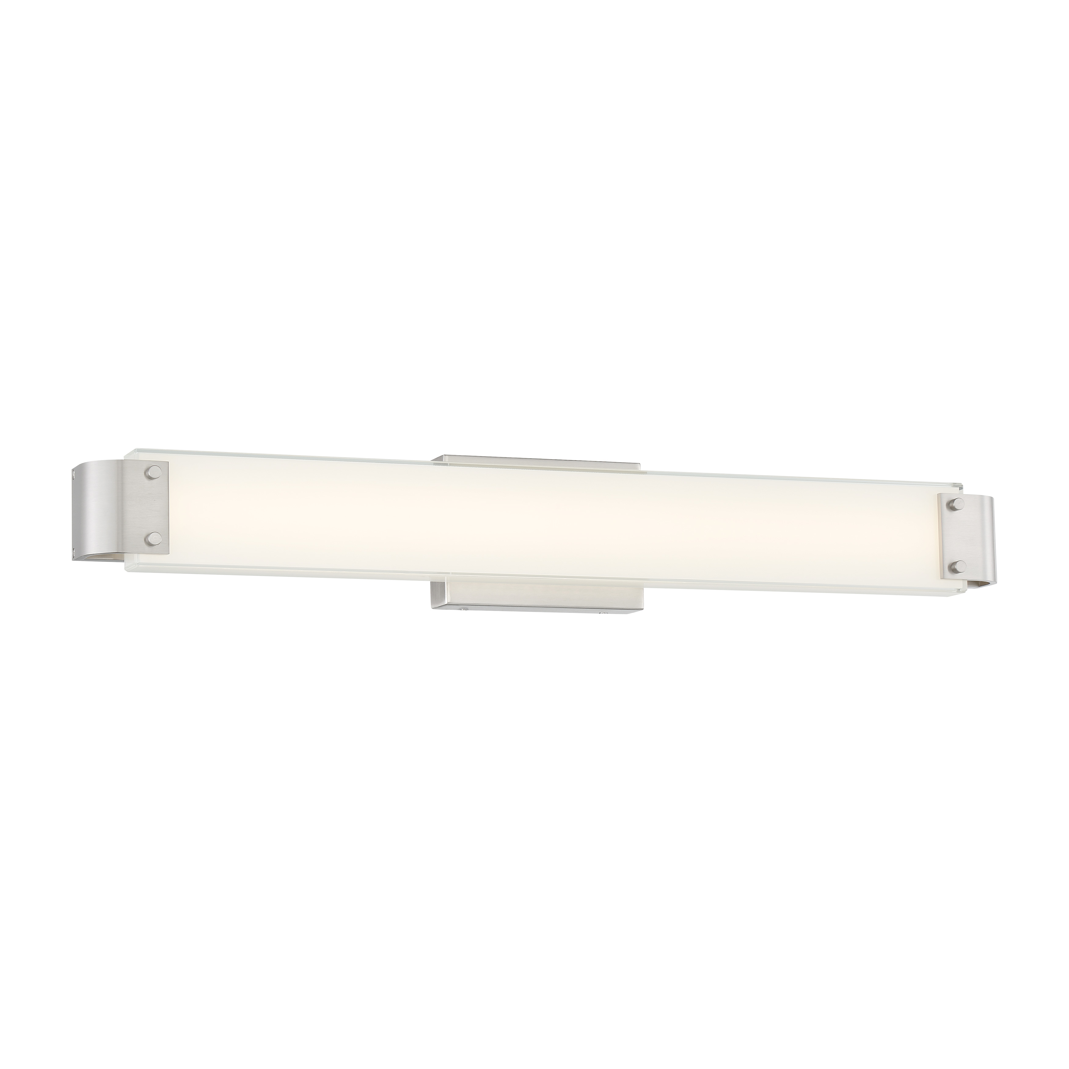 The Round-A-Bout LED bath light combines contemporary styling with practical functionality. Its 30-inch span provides excellent coverage for medium to large vanities, while the frosted aquarium glass diffuses 3000+ lumens of high-CRI LED light for accurate color rendering. ADA compliant and dimmable for versatile lighting control. - alternate view
