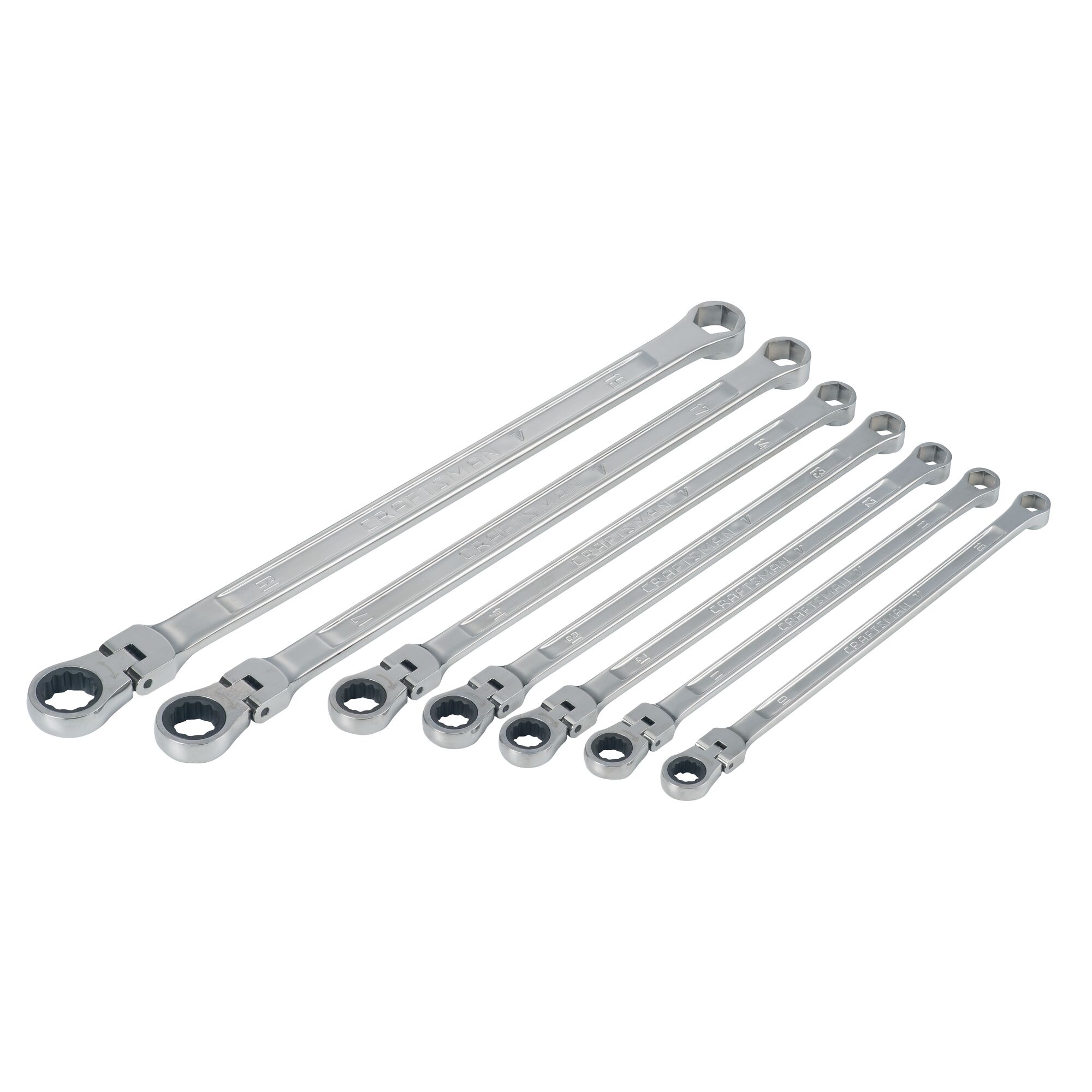 Right profile of V series XXL metric ratcheting single flex head double box end wrench set (7 piece).