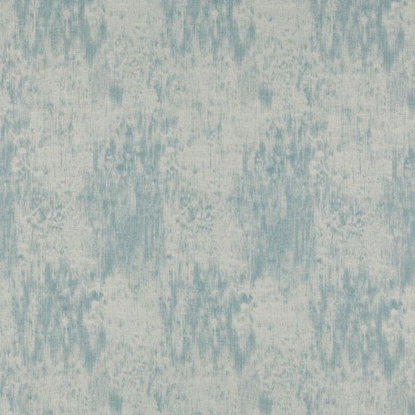 Textured wallpaper covering a wall, featuring irregular teal and off-white mottled vertical streaks; conveying a brushed, weathered look in soft, even lighting with no furnishings visible.