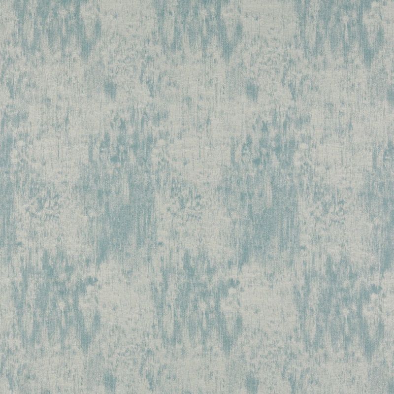 Textured wallpaper covering a wall, featuring irregular teal and off-white mottled vertical streaks; conveying a brushed, weathered look in soft, even lighting with no furnishings visible.
