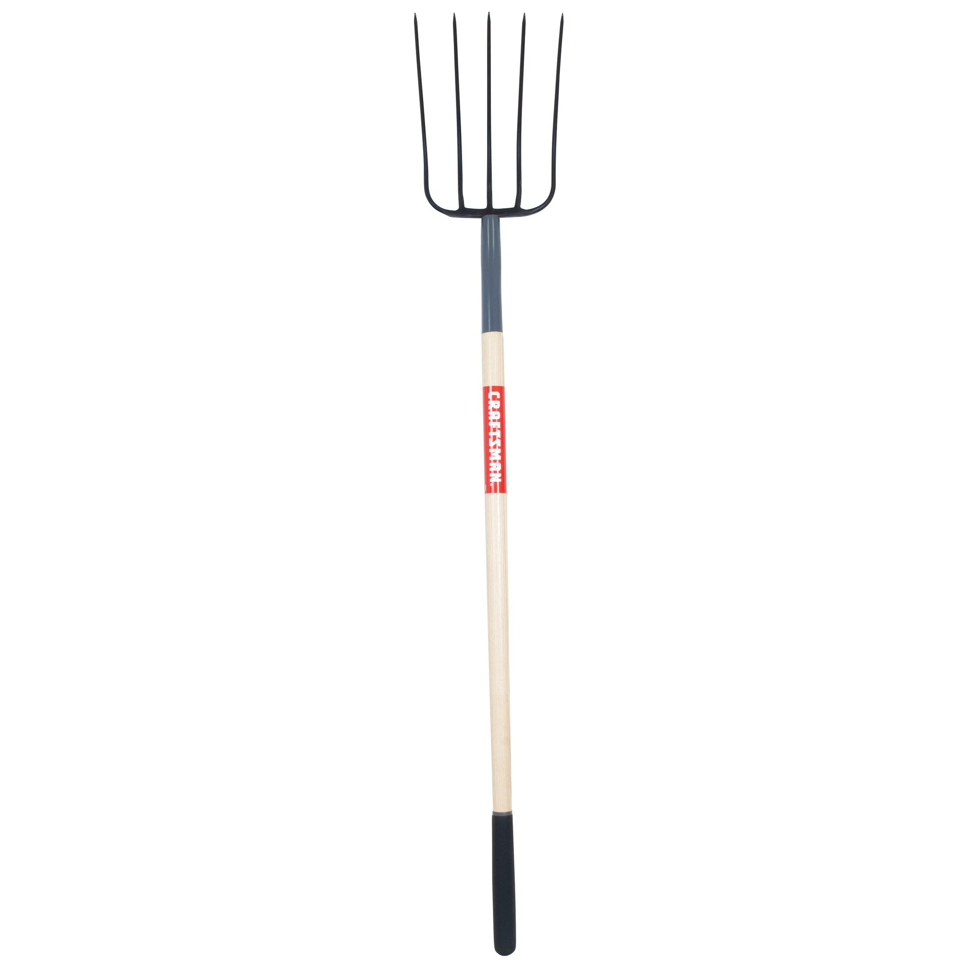 Profile of wood handle manure fork.
