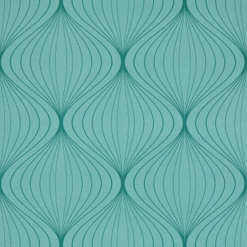 Teal wallpaper with repeating dark-teal, onion-shaped curved-line motifs; pattern printed across the wall surface, creating vertical symmetry and rhythmic repetition; evenly lit, flat surface suggesting mid-century modern decor.