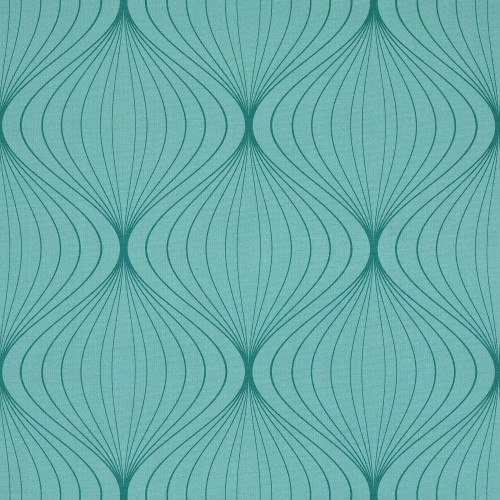Teal wallpaper with repeating dark-teal, onion-shaped curved-line motifs; pattern printed across the wall surface, creating vertical symmetry and rhythmic repetition; evenly lit, flat surface suggesting mid-century modern decor.
