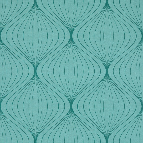 Teal wallpaper with repeating dark-teal, onion-shaped curved-line motifs; pattern printed across the wall surface, creating vertical symmetry and rhythmic repetition; evenly lit, flat surface suggesting mid-century modern decor.