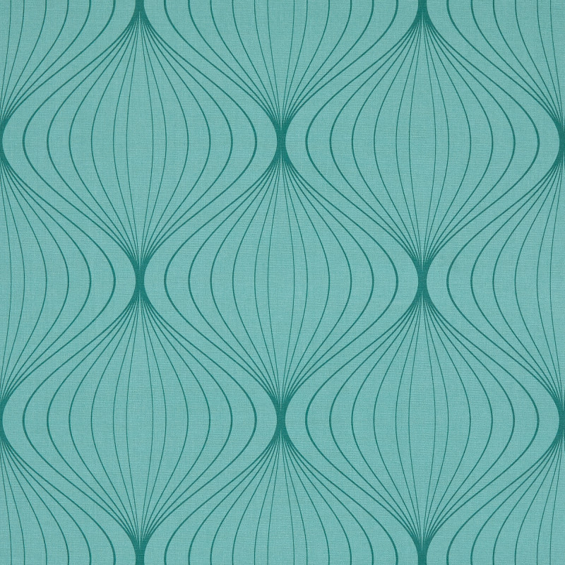 Teal wallpaper with repeating dark-teal, onion-shaped curved-line motifs; pattern printed across the wall surface, creating vertical symmetry and rhythmic repetition; evenly lit, flat surface suggesting mid-century modern decor.