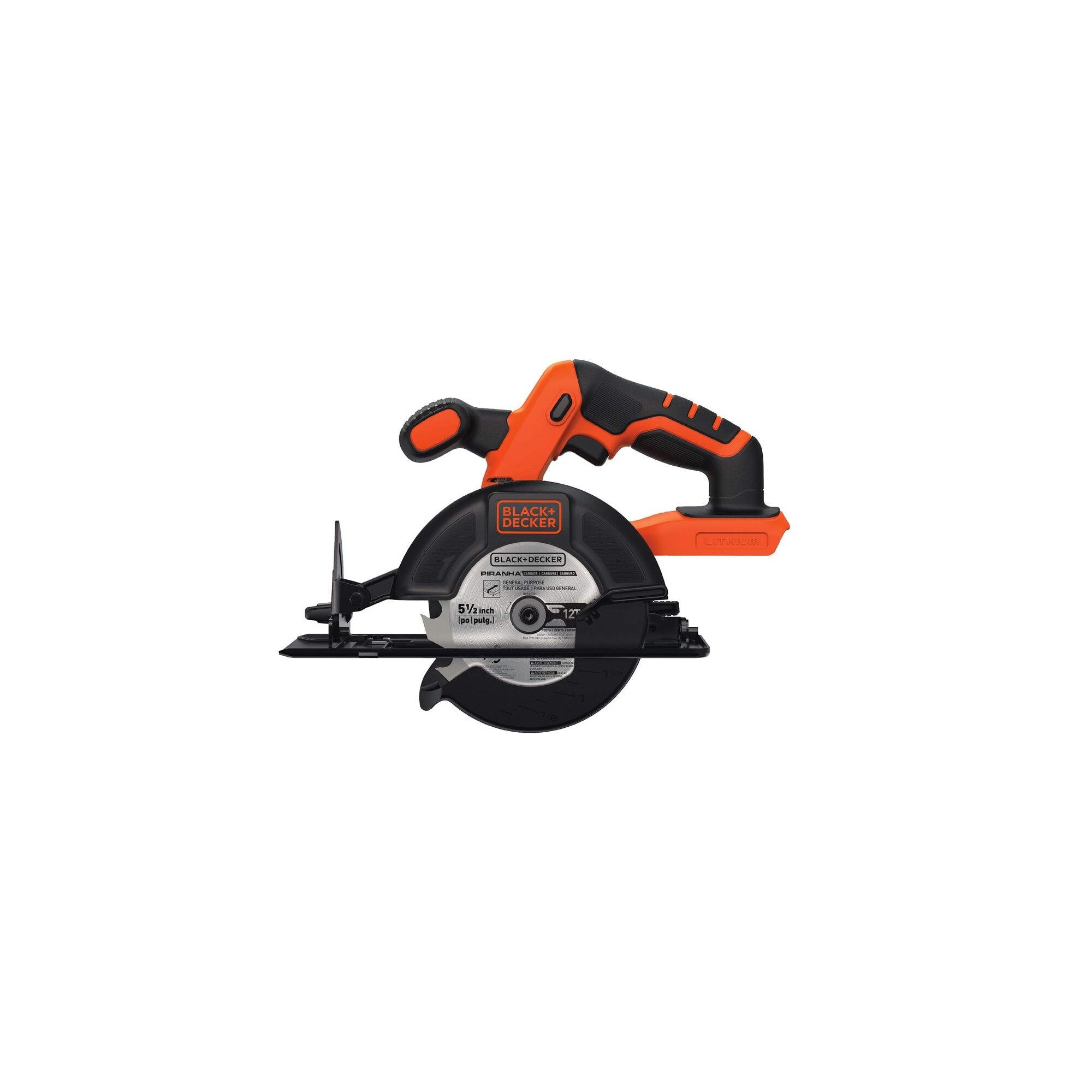 Profile of BLACK+DECKER cordless circular saw with no battery on it