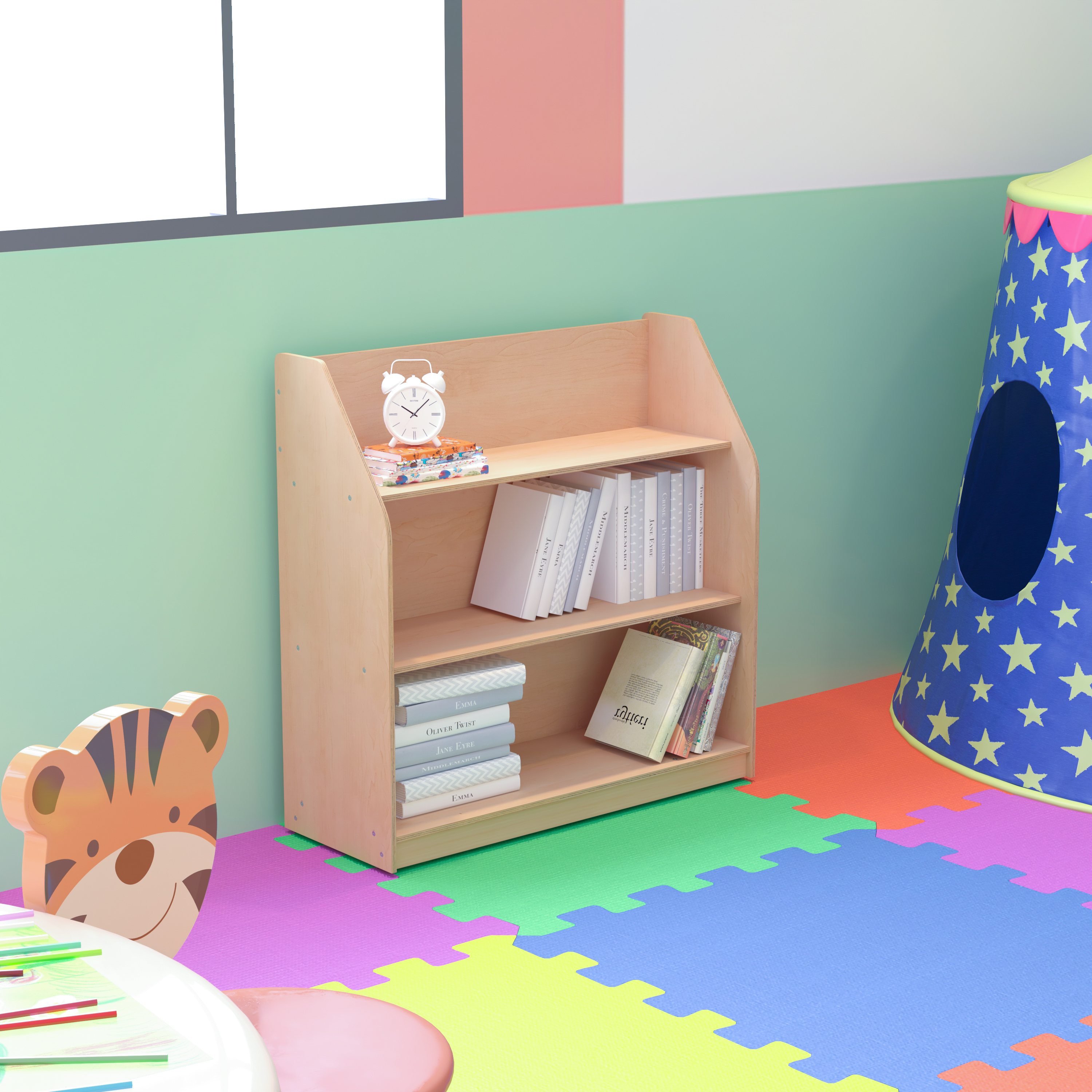 Estante de almacenamiento de libros de madera natural para niños con 4 listones de almacenamiento y apto para niños... - Imagen 4 de 12