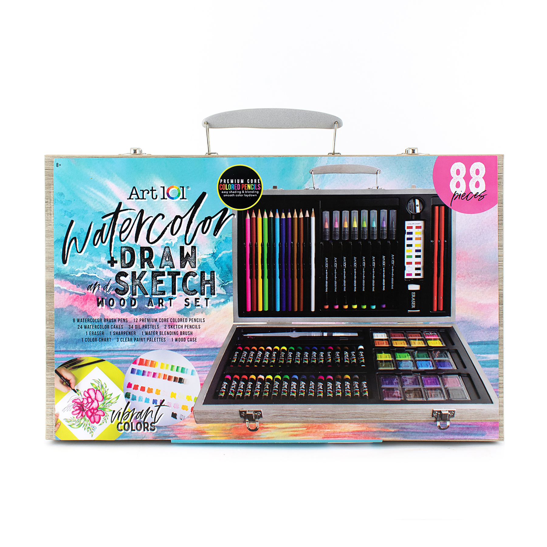 Art 101 Watercolor, Draw & Sketch Wood Art Set, 88 Pieces image number null