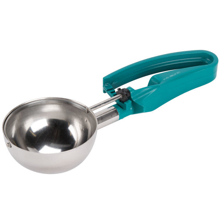 6-ounce disher with teal squeeze handle
