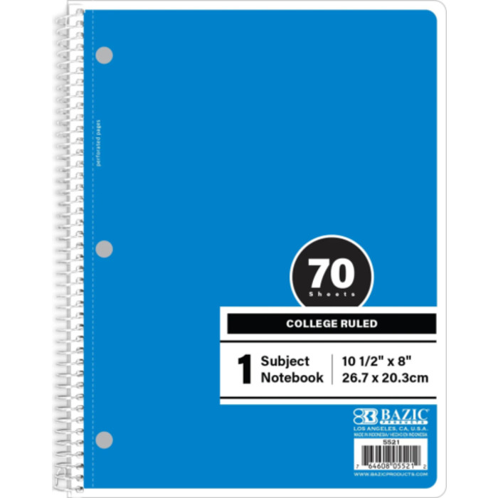 1-Subject Spiral Notebook, College Ruled, 70 Count, Blue