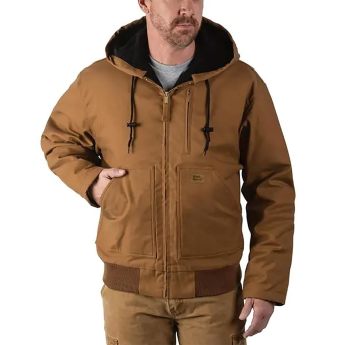 Men's insulated hooded duck jacket in brown.