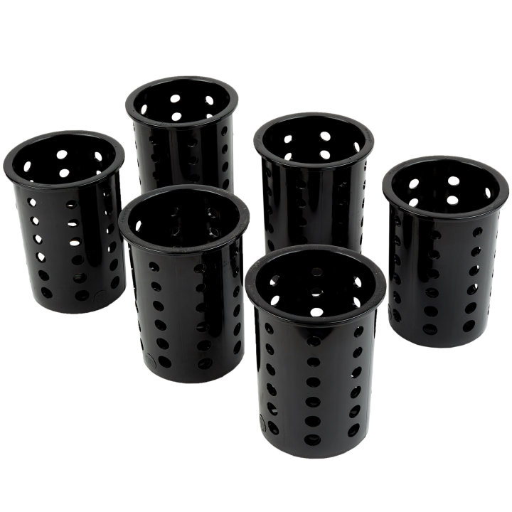 Six-compartment countertop flatware organizer with removable black perforated cylinders