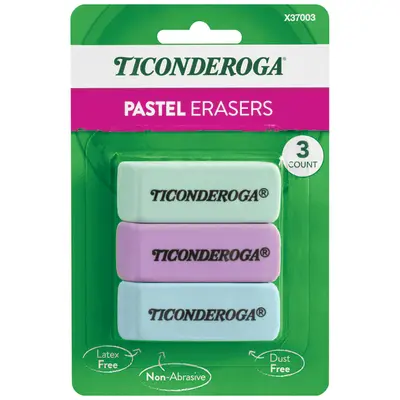 Ticonderoga Wedge Erasers, Pastel Colors, 3 Count