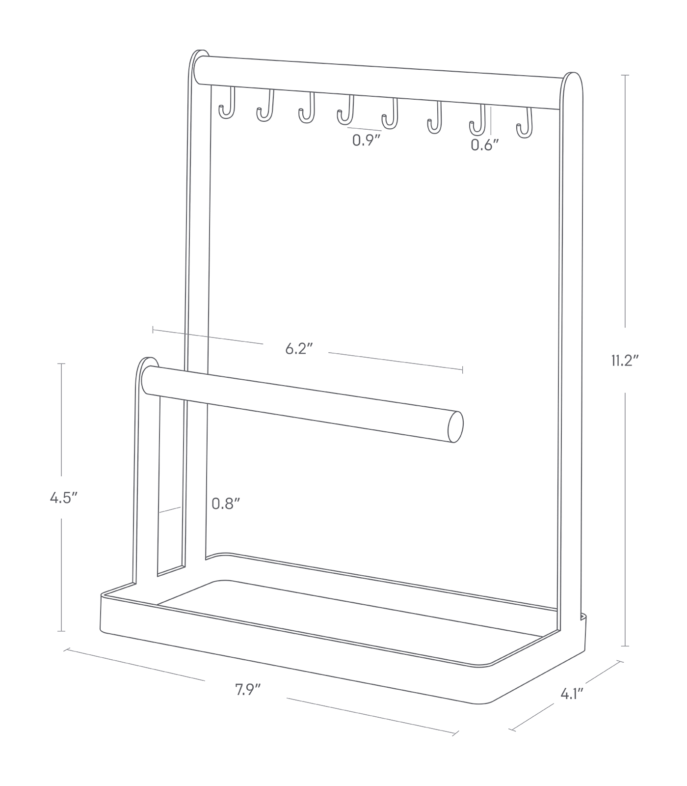 Dimension image for Jewelry + Accessory Display showing total height of 11.2 inches, length of 4.1 inches, width of 7.9 inches and a front bar height of 4.5 inches and width of 6.2 inches and 0.8 inches beteen the front bar and the back bar.