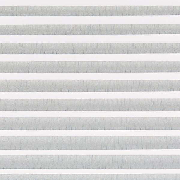 Horizontal dual-layer (zebra) roller blind with alternating sheer white and opaque light-gray fabric bands; aligned to form even stripes, filtering soft daylight across a neutral, well-lit interior.